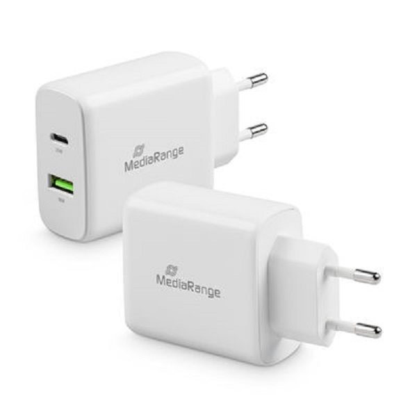 Schnellladegerät MediaRange bis 43W, besonders sicher da GS geprüft, USB & USB-C 