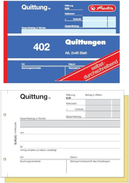 Formularblock Quittung A6 2x 40 Blatt selbstdurchschreibend Herlitz (Nr. 402) 