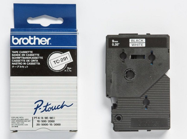 Original Beschriftungsband Brother TC-291, 9mm x 7,7m, schwarz auf weiß