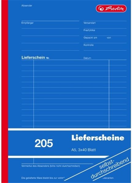 Formularblock Lieferschein A5 3x 40 B. Herlitz selbstdurchschreibend (Nr.205) 