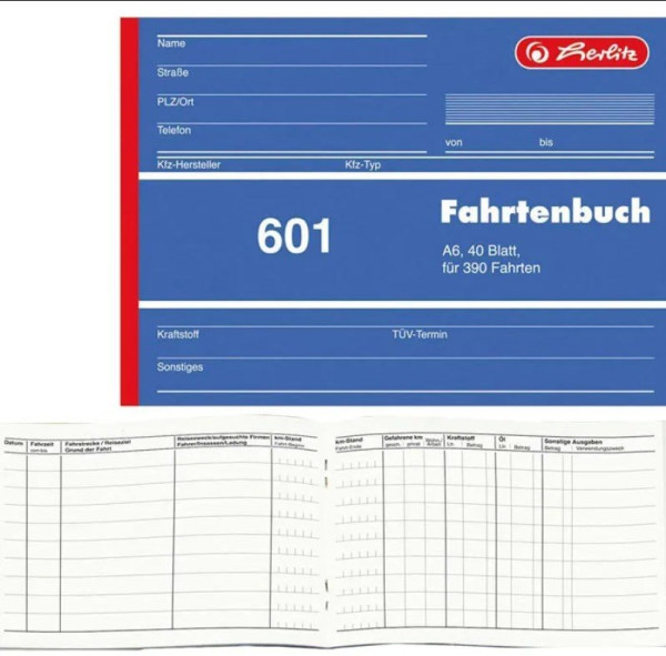 Formularblock Fahrtenbuch A6 quer 40 Blatt, geheftet Herlitz (Nr. 601) 