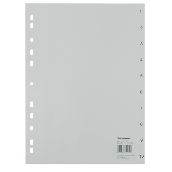 Register 1-10 A4 Plastik PP-Folie, grau, 225x297mm, Eurolochung 