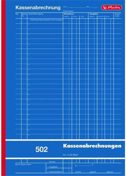 Formularblock Kassenabrechnung A4 2x 50 Blatt Blaupapier Herlitz (Nr. 502) 