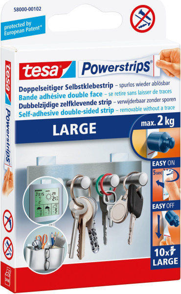 tesa Powerstrips Large, 10 Stück optimaler Halt auf glatten Oberflächen bis 2 kg 