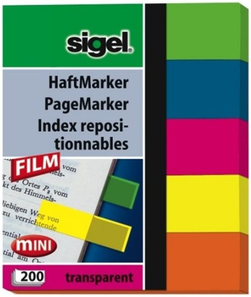 Haftmarker transparent Mini 12 x 50mm 5 Farben sigel 200 Streifen aus Folie 