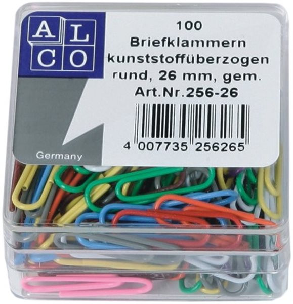 Büroklammer 26mm Größe, runde Form, kunststoffüberzogen, farblich sortiert Alco