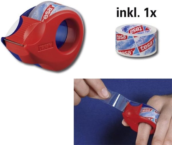 Klebebandabroller Mini für den Finger tesa rot/blau bis 10m lang und 19mm breit 