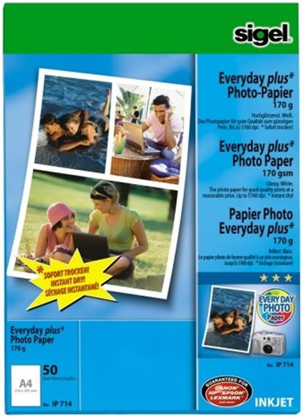 Foto-Glossy-Papier 50x A4-170g, hochglänzend, sigel, für Tintenstrahlgeräte 