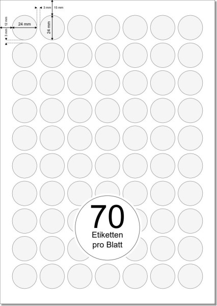PRINTATION Folien-Etiketten weiß Durchmesser 24mm 25xA4 à 70 Eti.  