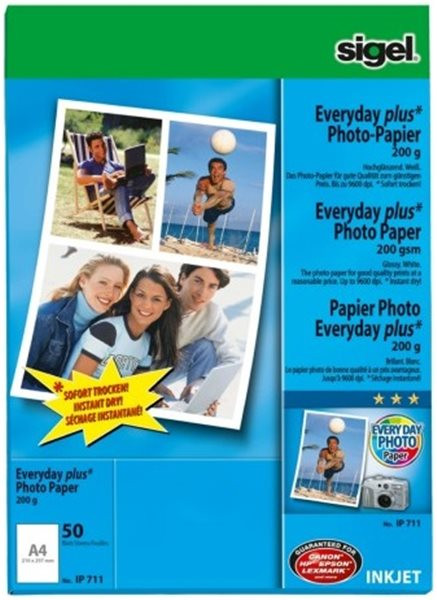 Foto-Glossy-Papier 50x A4-200g, hochglänzend, sigel, für Tintenstrahlgeräte 