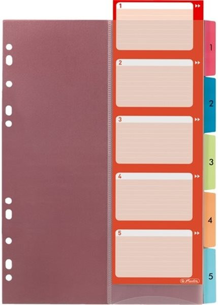 Register 1-5 A4 Plastik PP-Folie farbig Herlitz mit Index-Tasche und -Blatt 