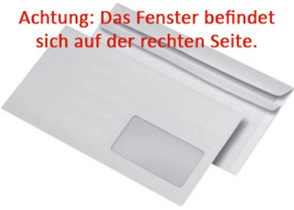 Kuvert 1000x DIN lang=110x220mm, mit Fenster (RECHTS!), weiß, Selbstklebung 