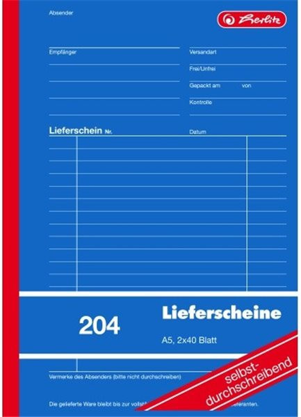 Formularblock Lieferschein A5 2x 40 Blatt Herlitz selbstdurchschreibend (Nr.204) 