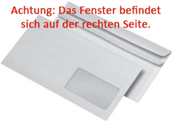 Kuvert 1000x DIN lang=110x220mm, mit Fenster (RECHTS!), weiß, Selbstklebung