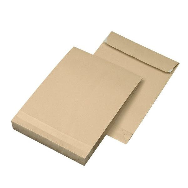 Faltentasche 100x B4=353x250mm, 4cm Falte, ohne Fenster, braun, Haftklebung