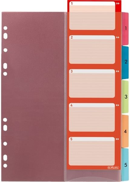 Register 1-5 A4 Plastik PP-Folie farbig Herlitz mit Index-Tasche und -Blatt