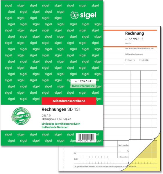 Formularblock Rechnung A5 2x50 Blatt sigel selbstdurchschreibend, nummeriert 