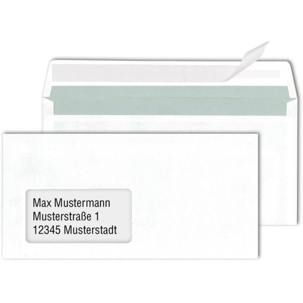 Kuvert 500x DIN lang=110x220mm, mit Fenster, weiß, Haftklebung 