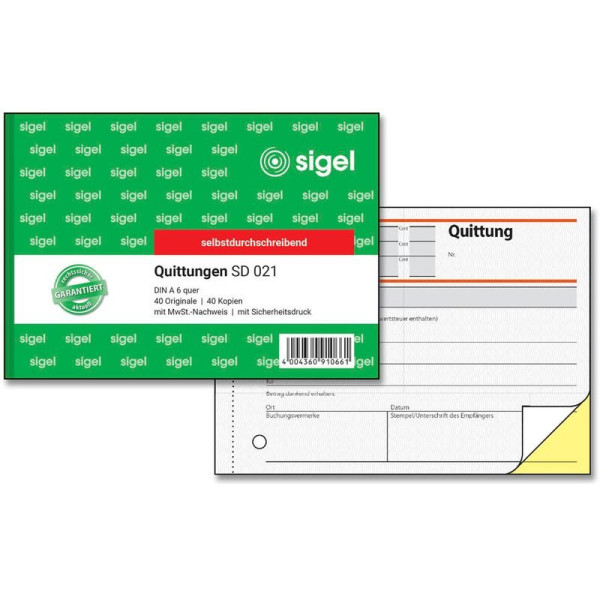 Formularblock Quittung A6 quer 2x40 Bl. sigel durschschreibend Sicherheitsdruck 