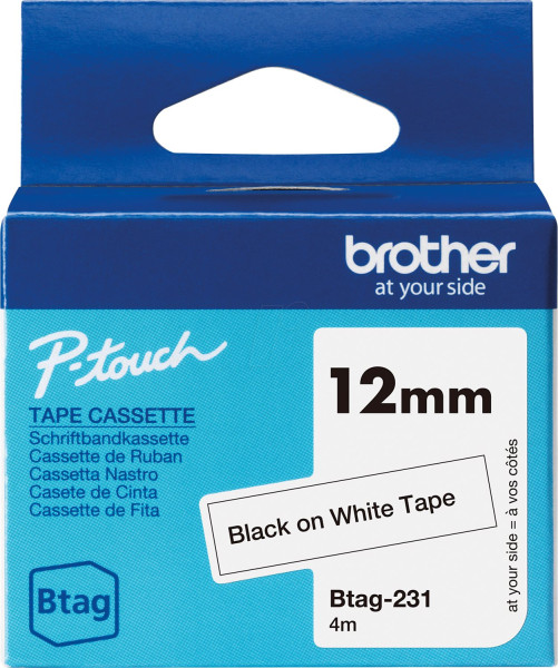 Original Beschriftungsband Brother BTAG-231, 12mm x 4m, schwarz auf weiß 